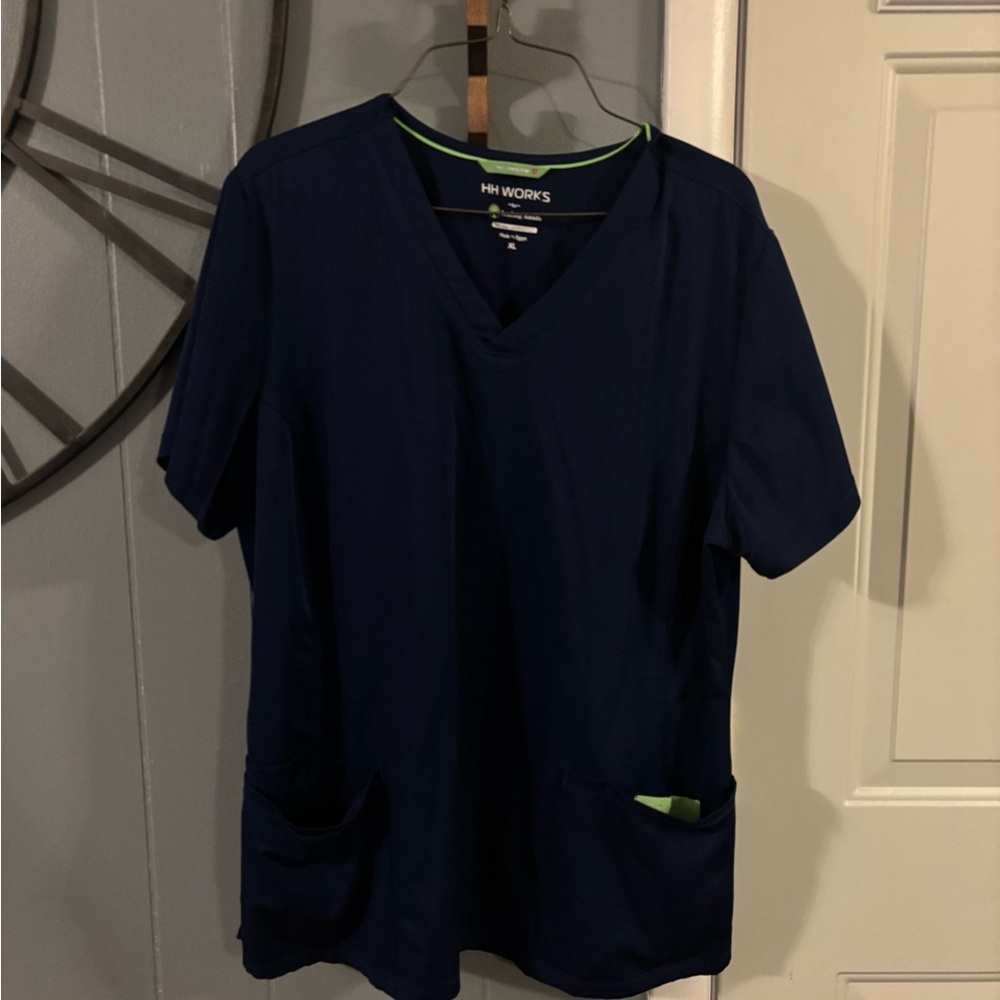 Navy Healing Hands scrubs. Top XL, pants 1XL-P jogger style.